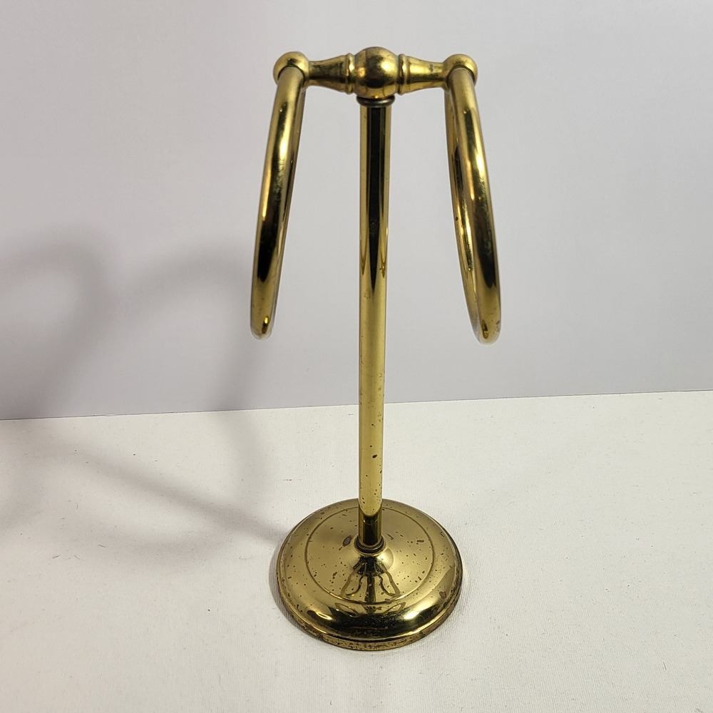 Vintage Brass Fingertip Towel Holder Double Ring Countertop Vanity Stand 12.5in
